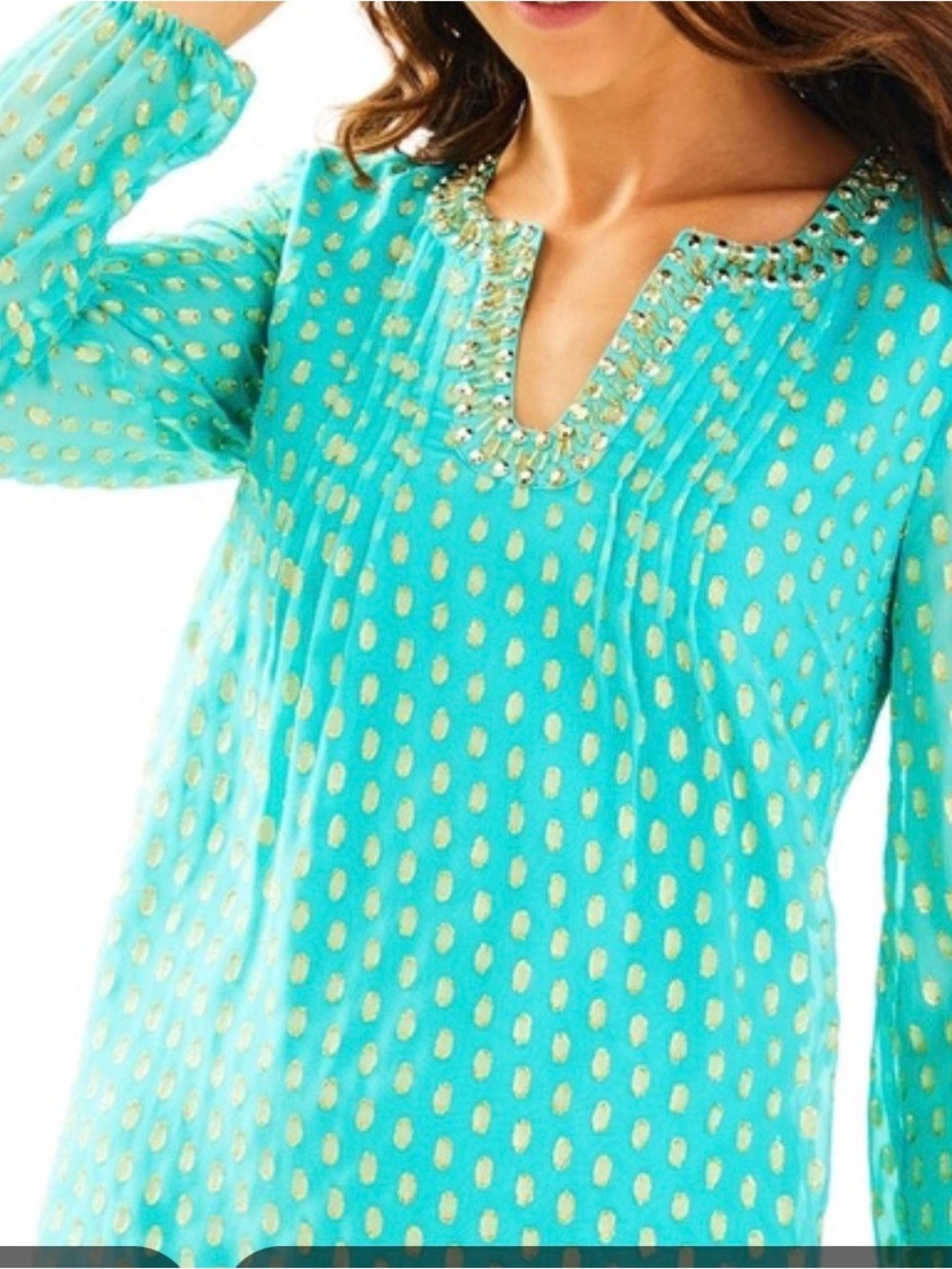 Lilly Pulitzer Colby Silk Mint Green Long-Sleeve Tunic dress with Gold Accents. - Picture 4 of 9